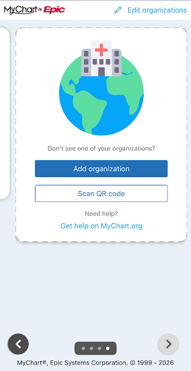 MyChart organization screen with the "Add organization" option at the end of the list.