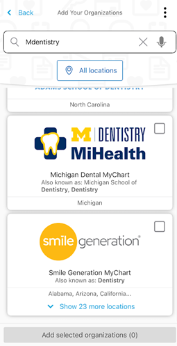Organization search field with "MDentistry" typed in and the matching result shown.